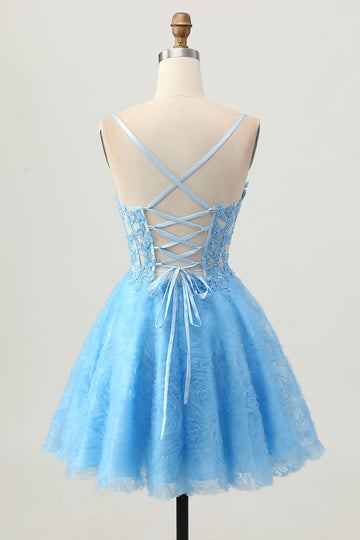 A Line Blue Short Corset Prom Dress with Appliques